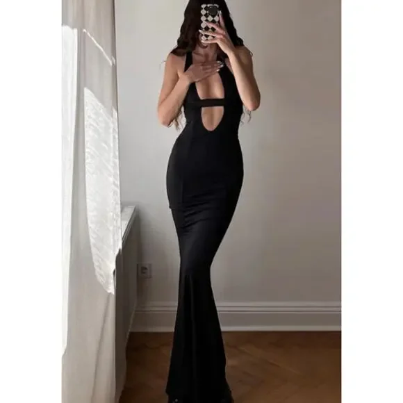 Commense | Dresses | New Commense Womens Cut Out V Neck Maxi Dress L Black  Sleeveless Cocktail | Poshmark